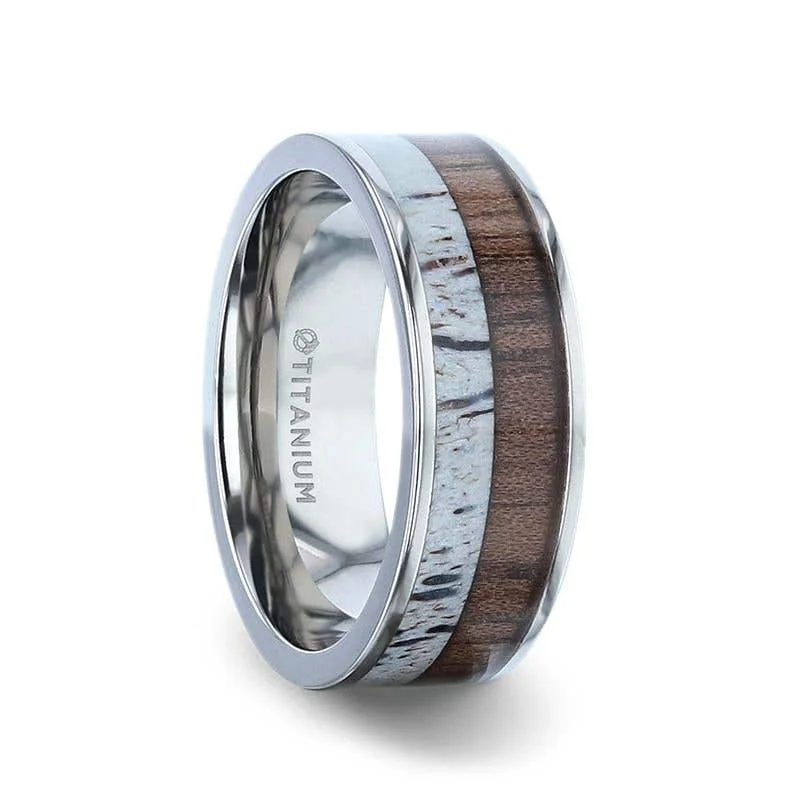 eco-friendly necklaces for women -Thorsten DARBY Titanium Polished Finish Flat Men's Wedding Ring With Deer Antler And Black Walnut Wood Inlay - 8mm