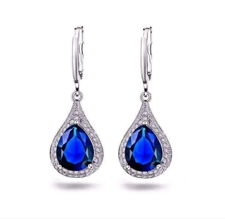 flower earrings for women -Beau Monde Pear Cut Simulated Sapphire and Milgraine Hoop Earrings