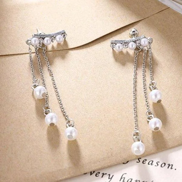 trendy crystal earrings for women -Three Wishes Pearl Tassel Earrings