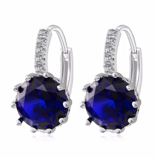 custom crystal earrings for women -14K Gold Plated Sapphire Blue Color 3.5CTW CZ Solitaire Hoop Earrings for Woman