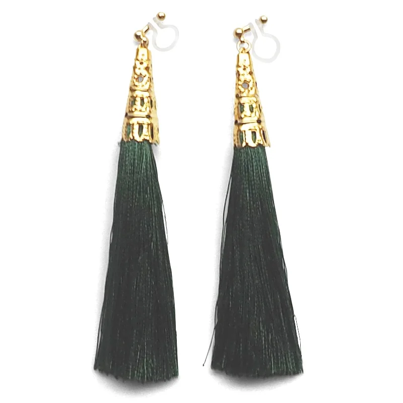 statement crystal earrings for women -Long Green Tassel Invisible Clip On Earrings