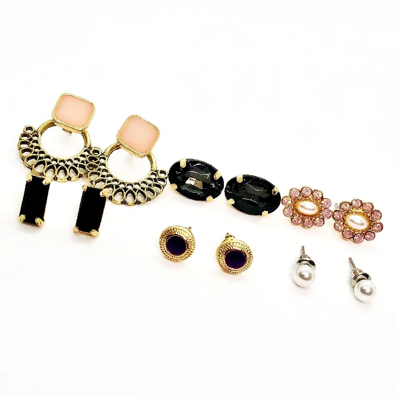 bohemian earrings for women -ON SALE - Mix & Match Six Piece Stud Earring Ensemble Black - Pink