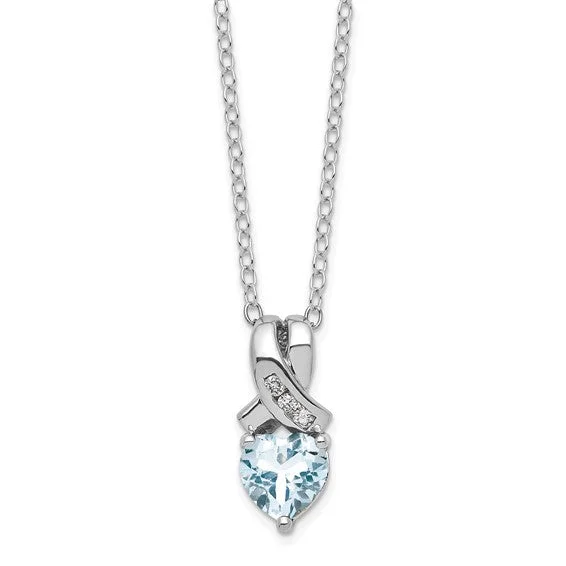 trendy chain necklaces for women -Sterling Silver Genuine Aquamarine Heart and Diamond Necklace