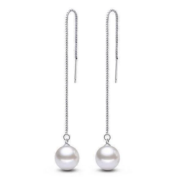 cute stud earrings for women -Naked Pearl Silver Box Chain Thread Earrings For Woman