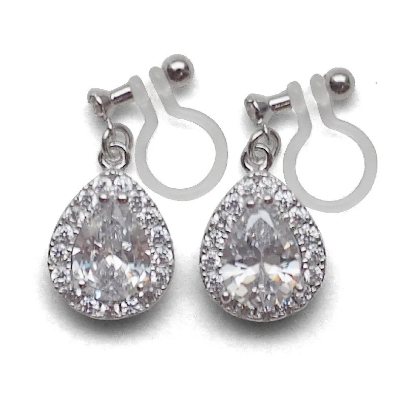 designer earrings for women -Bridal teardrop cubic zirconia invisible clip on earrings (silver tone)