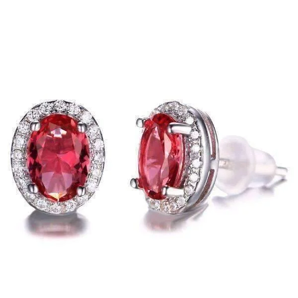 wedding drop earrings for women -Pink Tourmaline Oval Cut 2.1CTW IOBI Precious Gems Halo Earrings