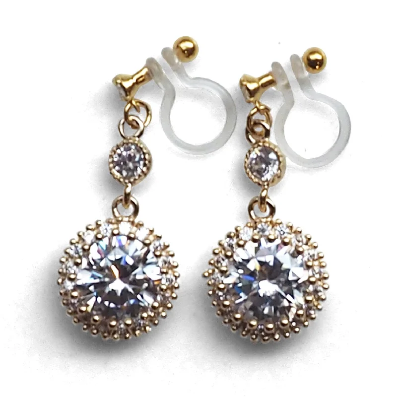 dangling pearl earrings for women -Round cubic zirconia invisible clip on earrings ( gold tone )