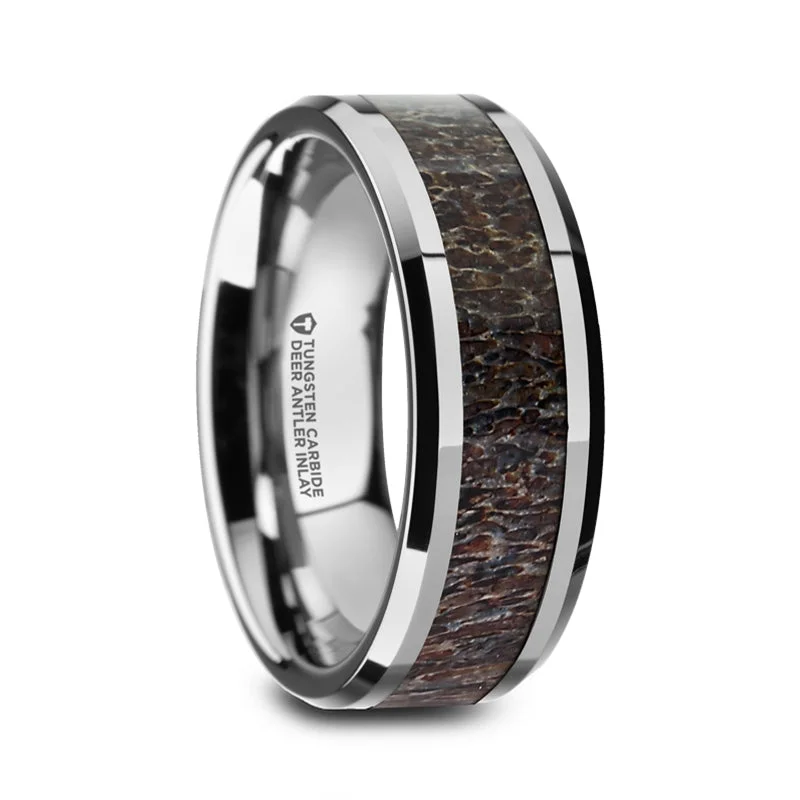 high-end necklaces for women -Thorsten FAWN Dark Deer Antler Inlay Tungsten Carbide Beveled Edged Ring - 8mm