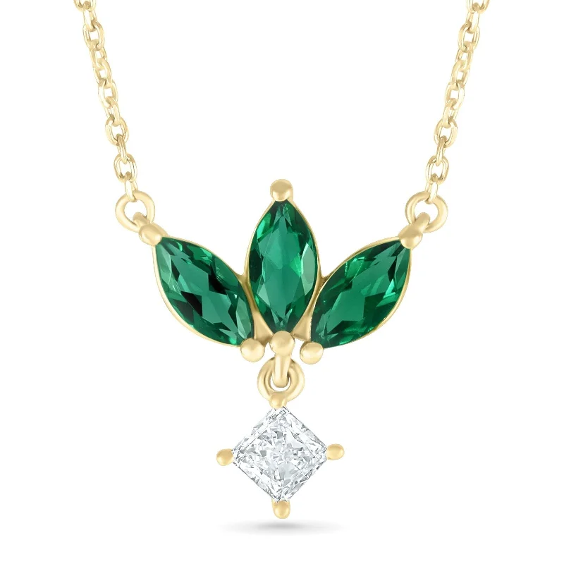 modern necklaces for women -Emerald Marquise Flower Necklace with a Princess Cut White Sapphire Dangle