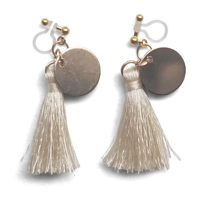 silver earrings for women -White Tassel with Gold Coin Invisible Clip On Earrings