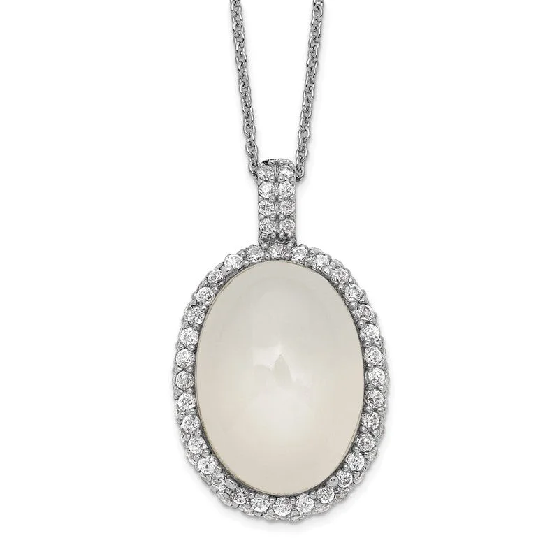 anniversary necklaces for women -Sterling Silver CZ Framed Oval White Moonstone 18" Necklace