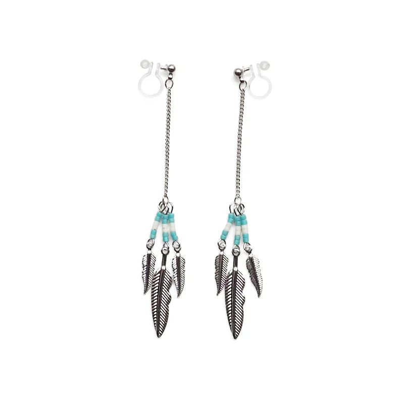 cute dangle earrings for women -Long feather motif invisible clip on earrings ( Silver tone )