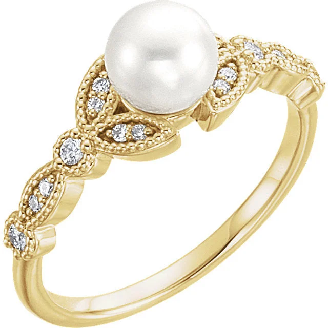 long chain necklaces for women -14K Gold Freshwater Pearl & 1/8 CTW Diamond Leaf Ring