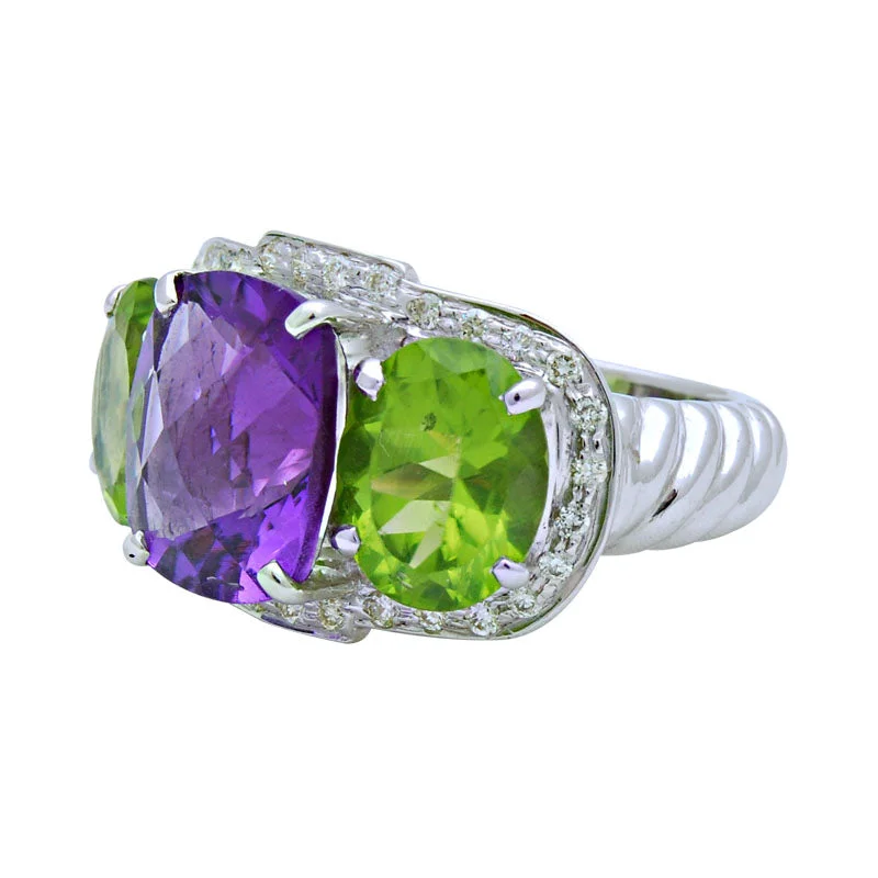 wedding bands for women -Ring-Amethyst, Peridot and Diamond