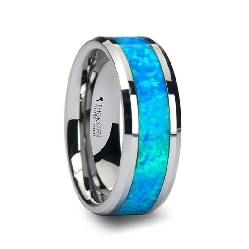 romantic gold necklaces for women -Thorsten QUASAR Tungsten Wedding Band with Blue Green Opal Inlay - 4mm - 10mm