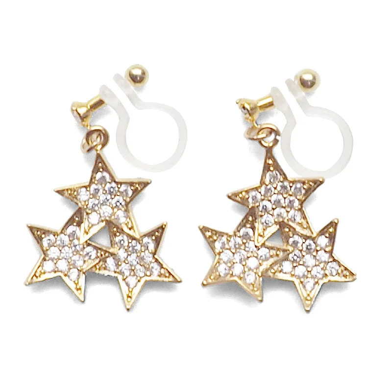 stud pearl earrings for women -Triple Star micro pave cubic zirconia invisible clip on earrings ( gold tone )