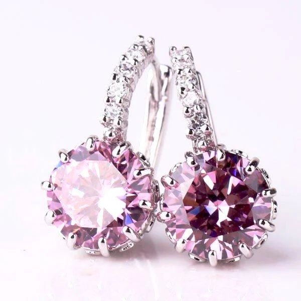 statement crystal earrings for women -Blushing Pink Solitaire White Or Yellow Gold Hoop Earrings