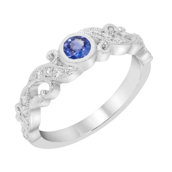 dainty necklaces for women -14k White Gold Blue Sapphire Bezel and Diamond Filigree Ring