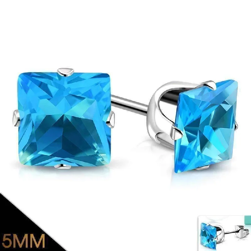 radiant earrings for women -Aqua Princess Cut Swiss Cubic Zirconia Stud Earrings 316 Stainless Steel