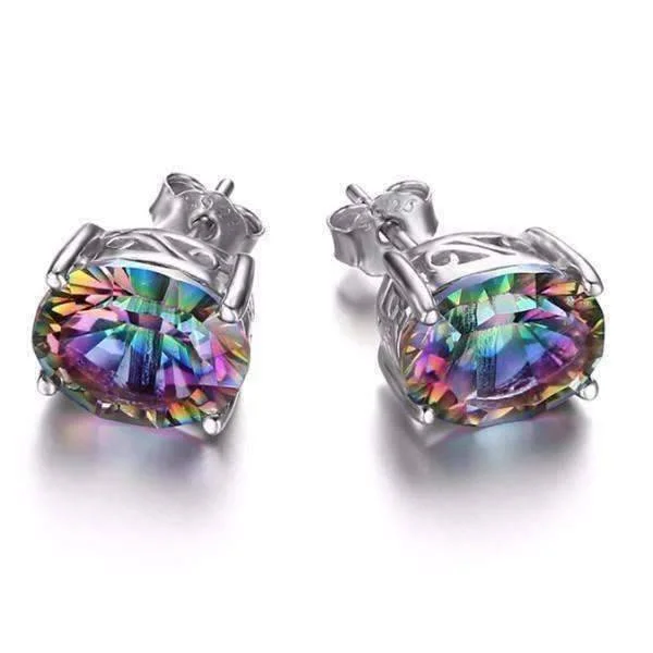 fine gold earrings for women -Genuine Rainbow Fire Mystic Topaz Oval Cut 5CTW IOBI Precious Gems Stud 925 Sterling Silver Earrings