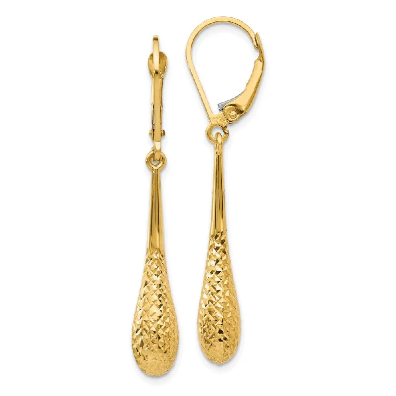 gold earrings with diamonds -Diamond Cut Teardrop Lever Back Earrings in 14k Yellow Gold, 44mm