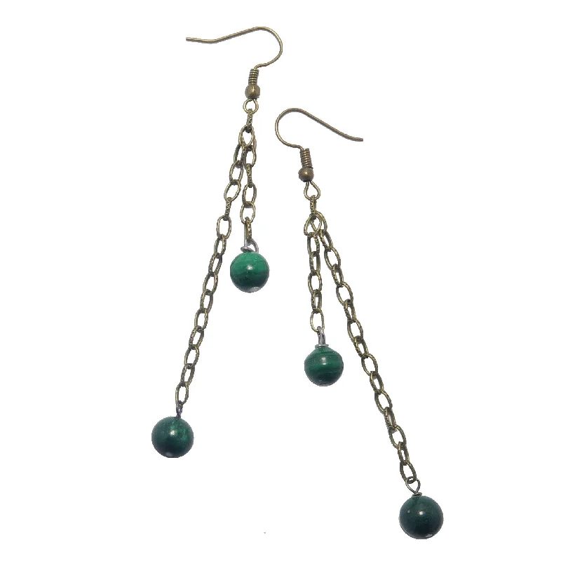 gemstone stud earrings for women -Malachite Earrings Double Trouble Fun Crystal Long Chain