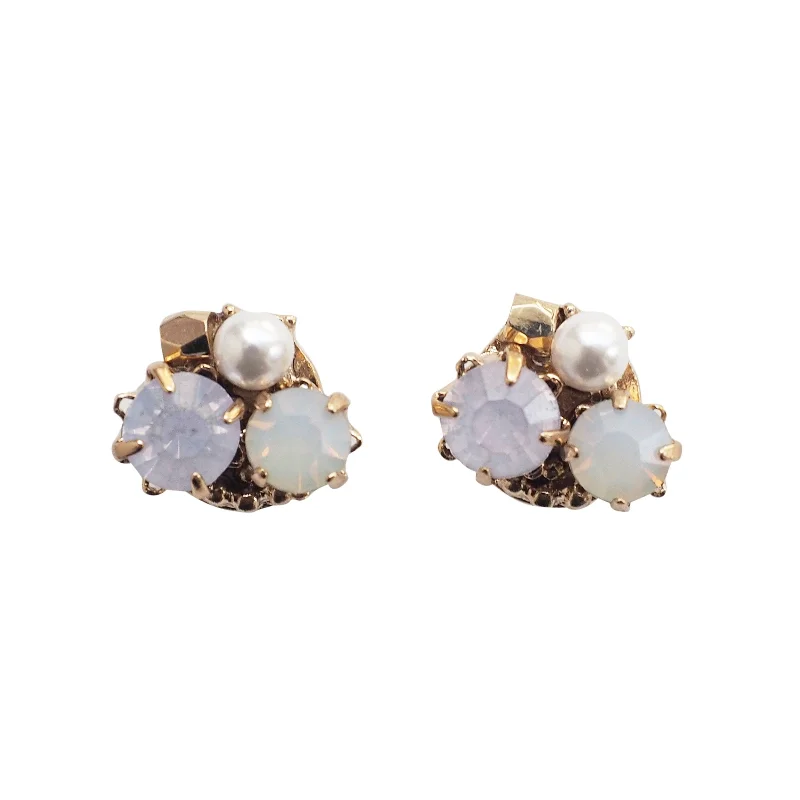 multi-layer earrings for women -Pink Rhinestone and Pearl Invisible Clip On Stud Earrings