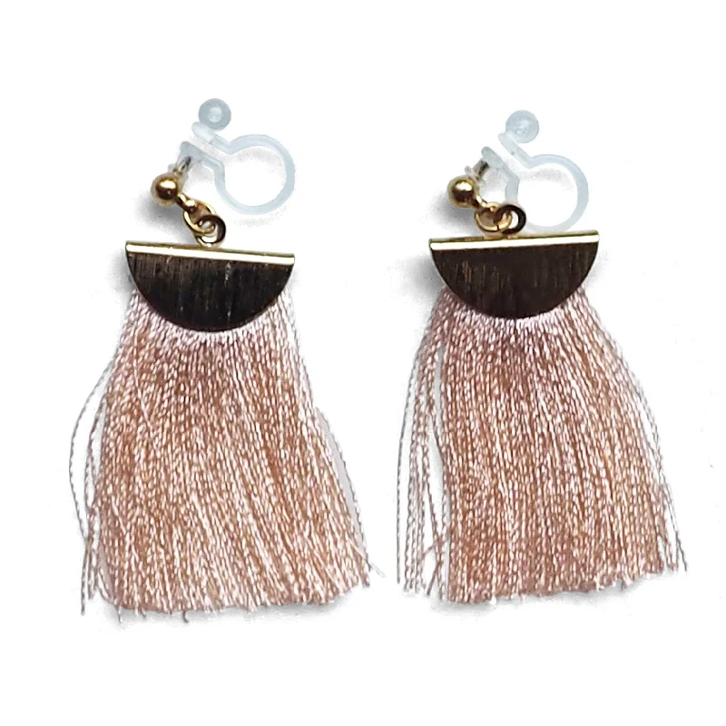 sparkling earrings for women -Peachy orange flat tassel invisible clip on earrings