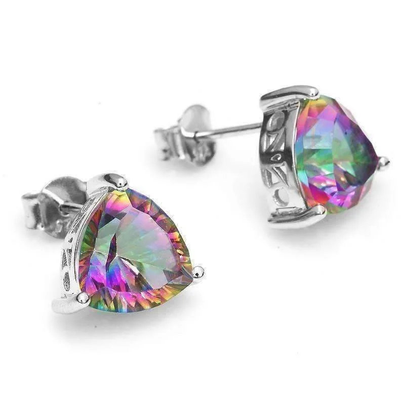 diamond earrings for women -Rainbow Fire Genuine Mystic Topaz Trillion Cut 4.5CT IOBI Precious Gems Stud Earrings