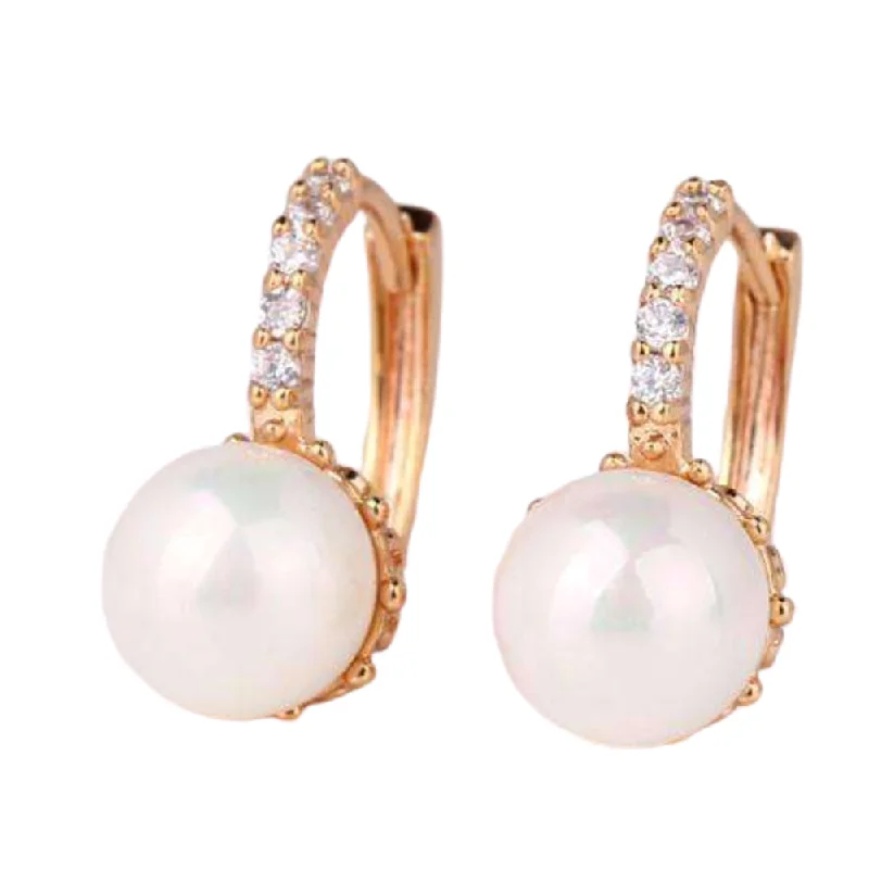 bridal earrings for women -14K White Gold Plated Pearl Bead Solitaire Hoop Earrings For Woman