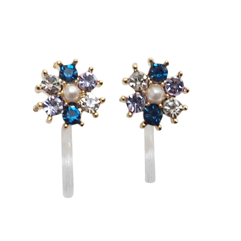 bold statement earrings for women -Flower Rhinestone Invisible Clip On Stud Earrings (Blue)