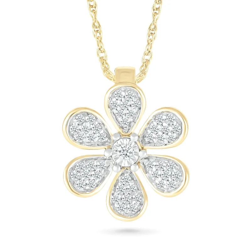 crystal pendant necklaces for women -Pave Six Petal Diamond Flower Pendant with Thin Gold Bezel