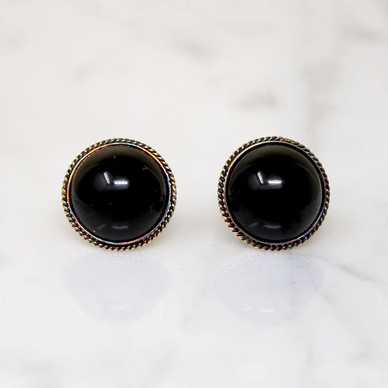 round-cut rings for women -Black Onyx in Bloomed Gold Stud Earrrings