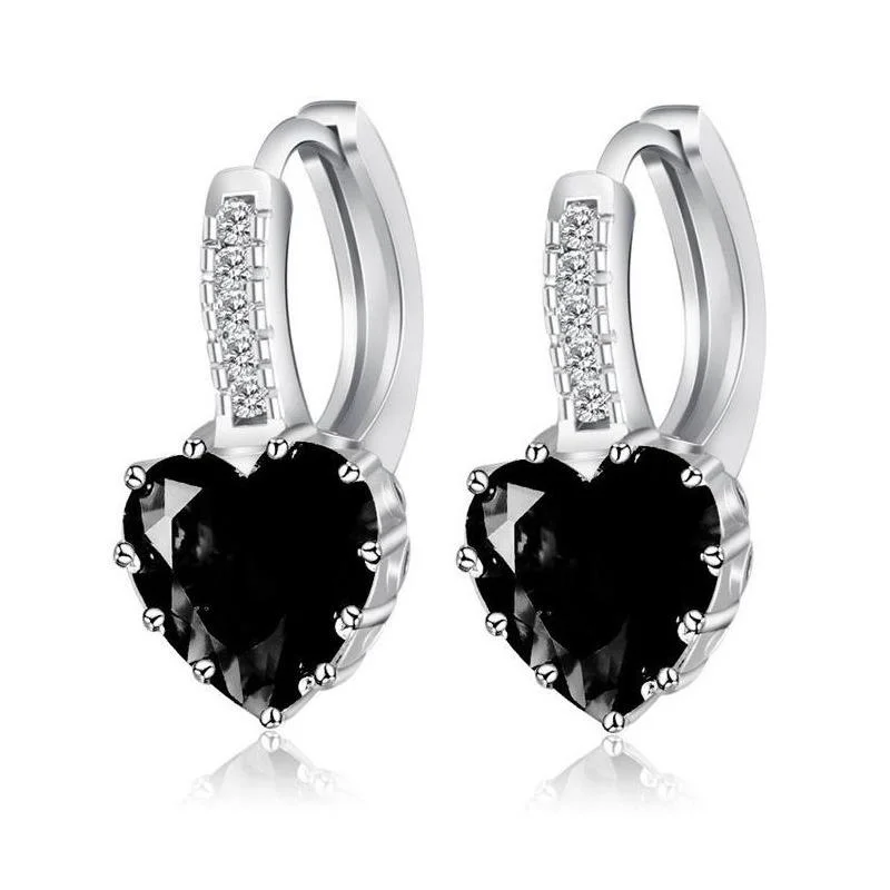 bold silver earrings for women -Heart Shaped Black Diamond CZ Solitaire Hoop Earrings For Woman