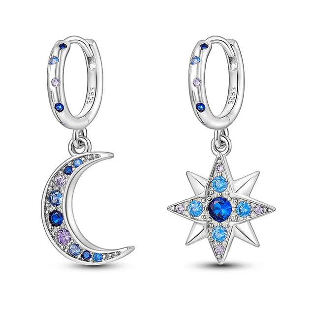 luxury hoop earrings for women -Silver Hoop Earrings with Star & Moon Zirconia Pendants