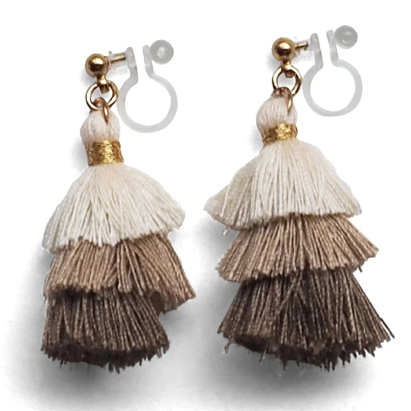 bright gemstone earrings for women -Three Layered Ombre Stacked White Beige Brown Tiered Tassel Invisible Clip On Earrings