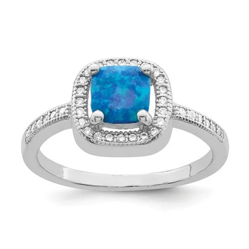 special occasion necklaces for women -Sterling Silver Blue Cushion Square Created Opal and CZ Halo Ring