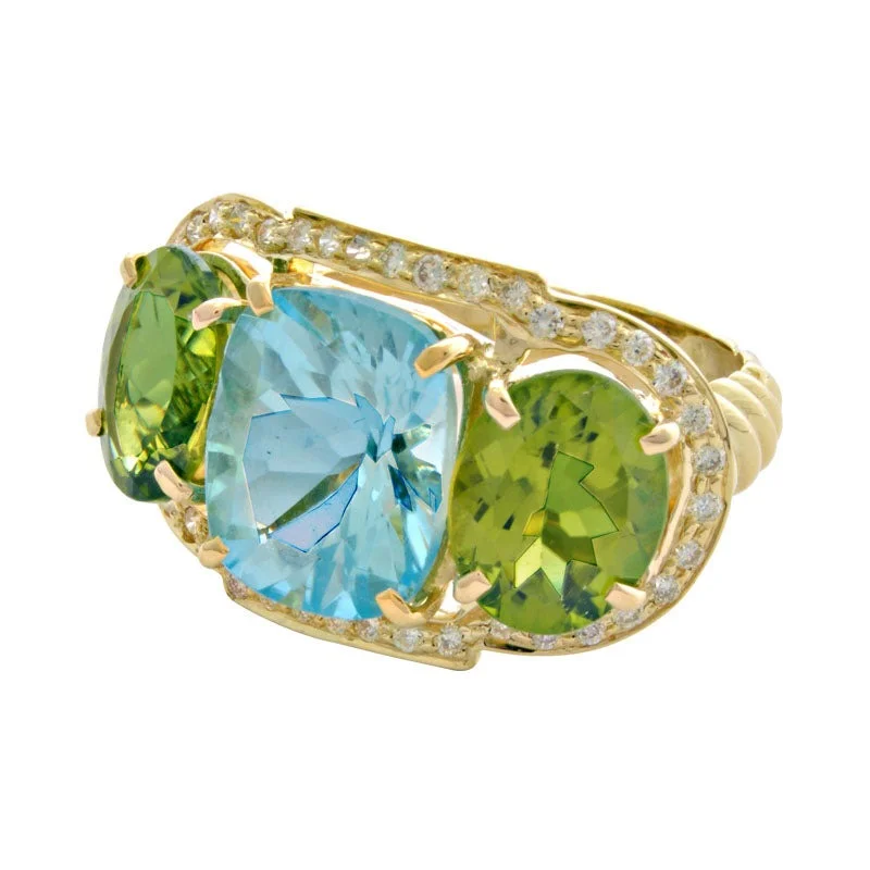 unique rings for women -Ring-Blue Topaz, Peridot and Diamond