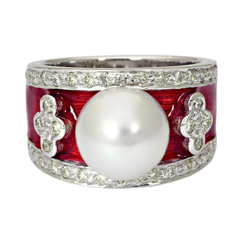 trendy wedding rings for women -Ring-South Sea Pearl and Diamond (Enamel)