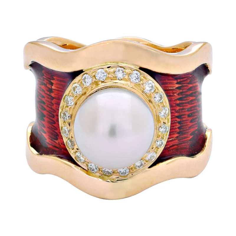 stackable wedding bands for women -Ring- South Sea Pearl and Diamond (Enamel)