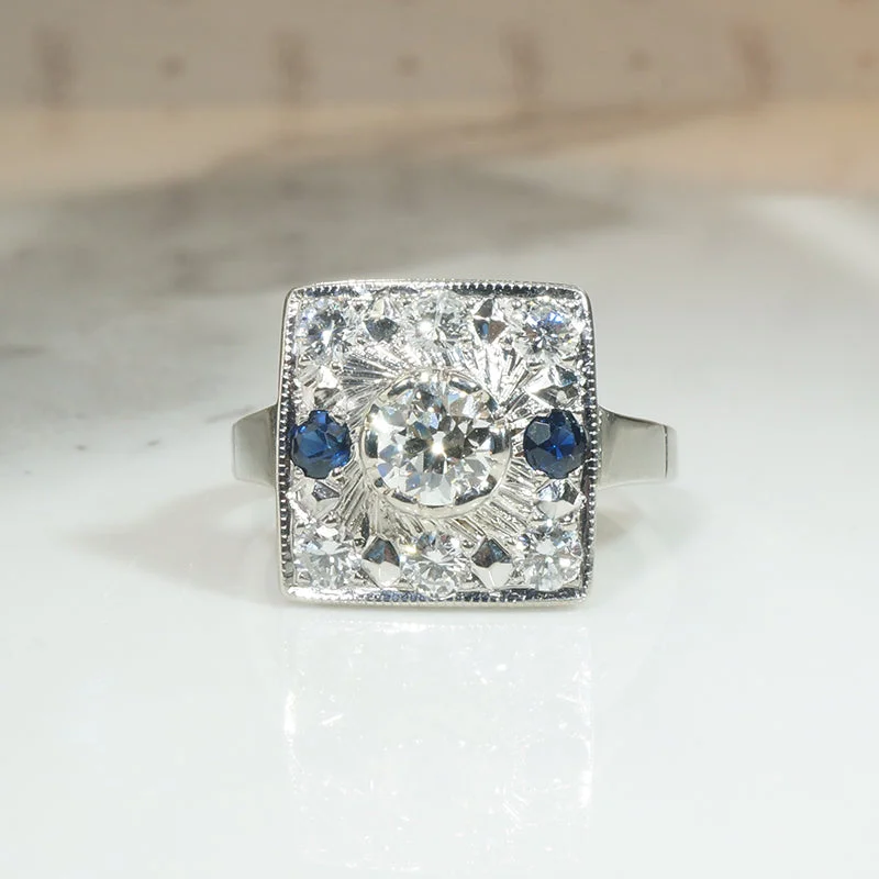 vintage engagement rings for women -Deco Square Diamond and Sapphire Ring