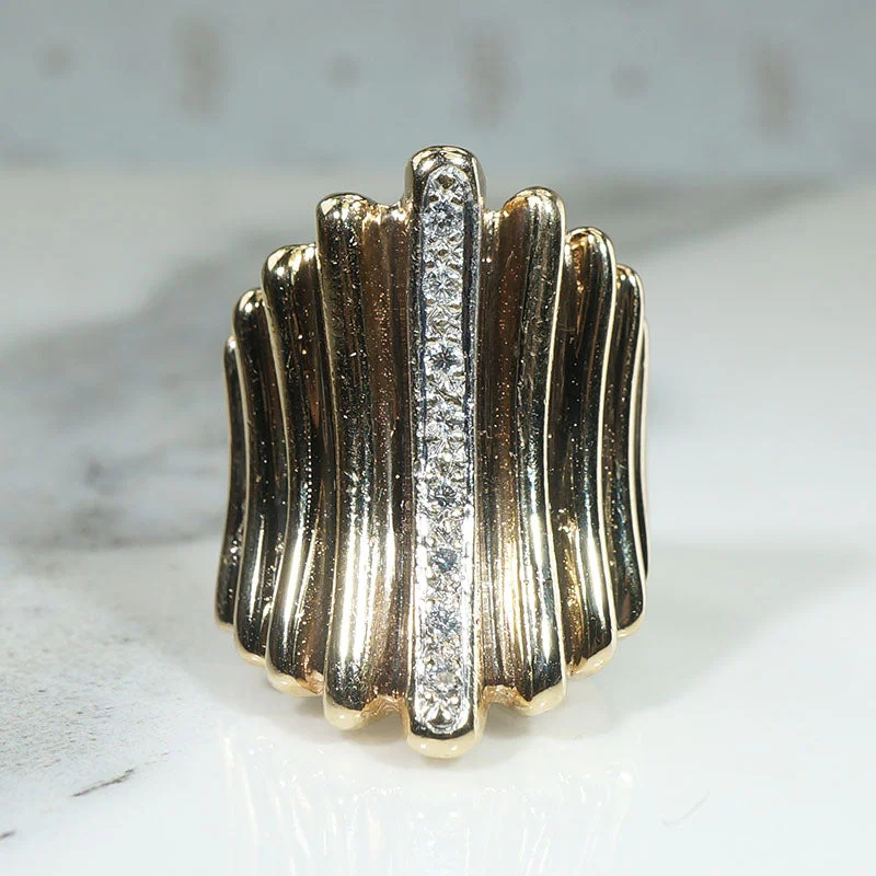 elegant engagement rings -Dramatic Grooved Gold & Diamond Modernist Ring