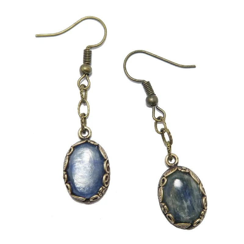 minimalistic earrings for women -Kyanite Earrings Blue Oval Gems Swinging Leaf Chain