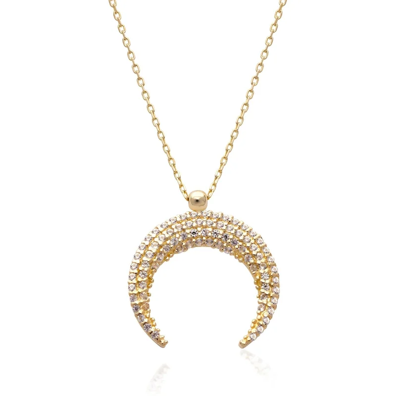 gold pendant necklaces for women -Sapphire Pave Crescent Moon Necklace