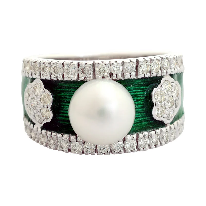 custom promise rings -Ring-South Sea Pearl and Diamond (Enamel)