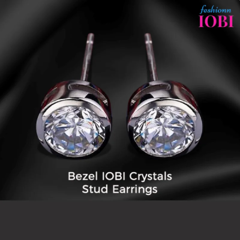 diamond earrings for women -Versatile Bezel IOBI Crystals 14K White and Yellow Gold Plating Stud Earrings for Women