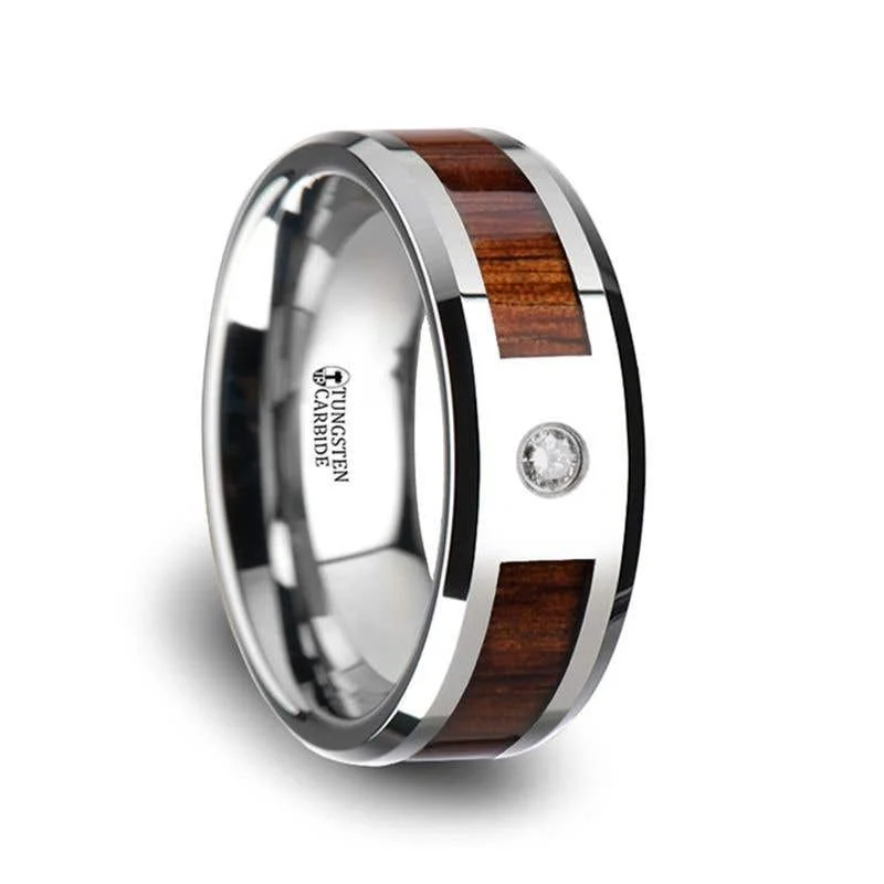 zodiac necklaces for women -Thorsten KAHUNA Tungsten Carbide Beveled Edged Diamond Wedding Band with Koa Wood Inlay & Polished Edges - 8mm