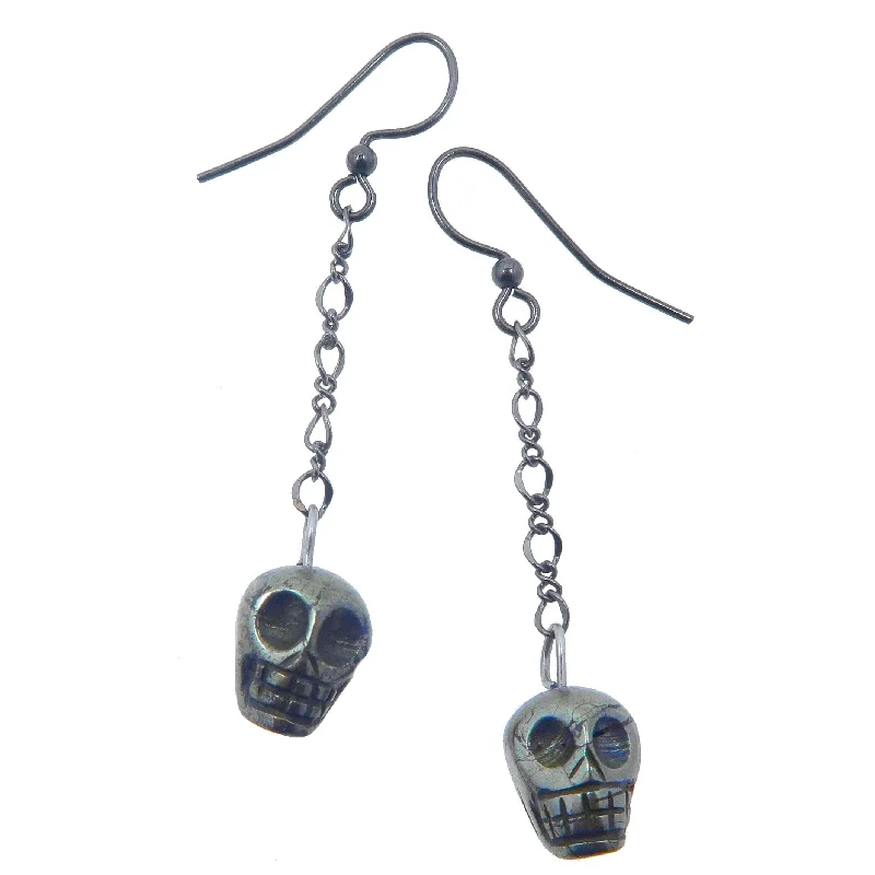 minimalist earrings for women -Pyrite Earrings Rocking Fun Skull Skeleton Chain