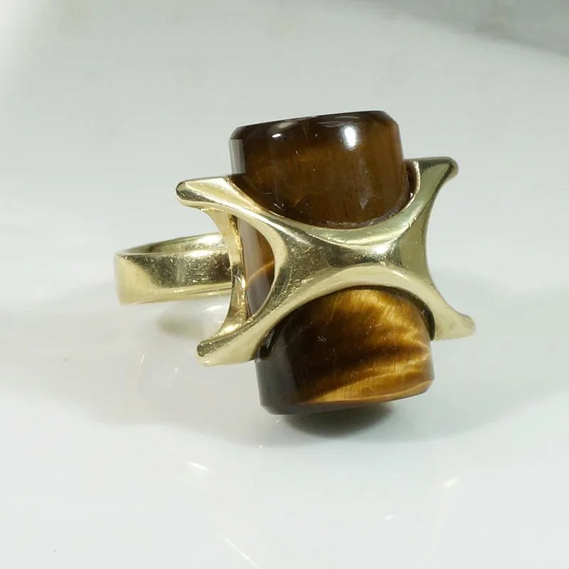 vintage wedding bands for women -Astonishing Tigers Eye Sculptural Mid Mod Ring