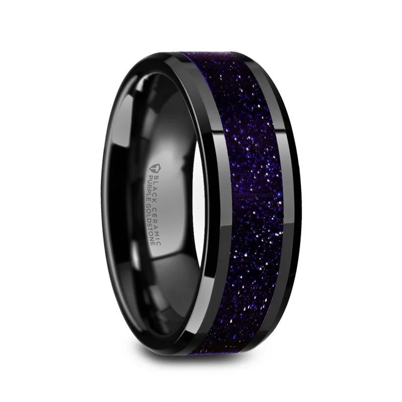 modern necklaces for women -Thorsten MELO Black Ceramic Beveled Polished Men’s Wedding Band with Purple Goldstone Inlay